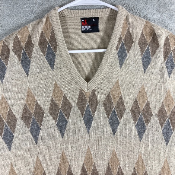 Vintage Argyle Sweater Men Large Brown Robert Bruce V Neck Preppy LS USA Made - Picture 1 of 13